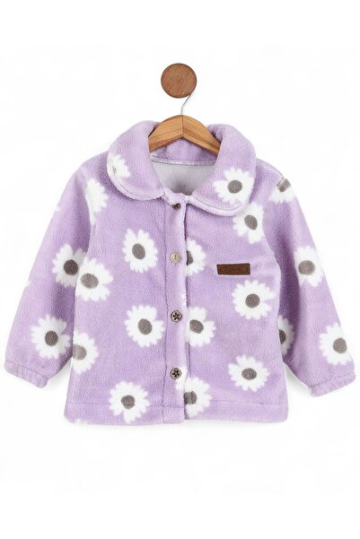 Ege Bebek Girl's Floral Printed Plush Cardigan 1.5-2-3-4-5-6 Years Old Winter Fleece Jacket
