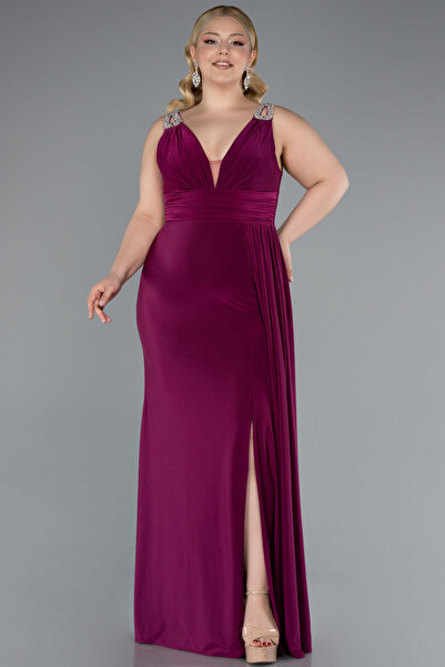 Abiyefon Mürdüm Kolsuz V Yaka Yırtmaçlı Uzun Büyük Beden Abiye ABU4968