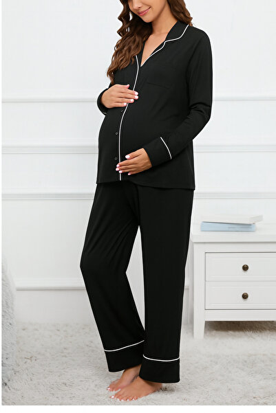 Miss Dünya Lissa Gömlek Yaka Önden Düğmeli Uzun Kol Rahat Form Hamile ve Lohusa Pijama Takımı
