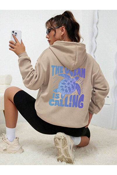 uyguntarz Unisex the Ocean Is Calling Printed Design Oversize Sweatshirt