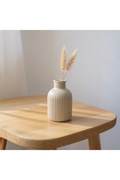 BELLATRİX ATÖLYE ÇİZGİLİ MİNİ VAZO KUM BEJİ 10x7 cm