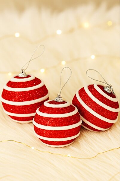 BeySüS Christmas Tree Ornament Red and White Curved Cute Ball 8 cm Set of 3