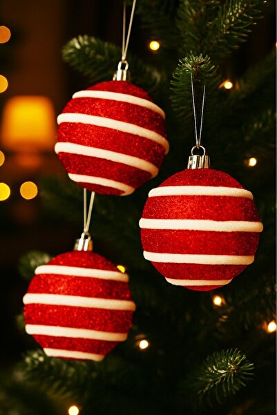 BeySüS Christmas Tree Ornament Red and White Curved Cute Ball 8 cm Set of 3