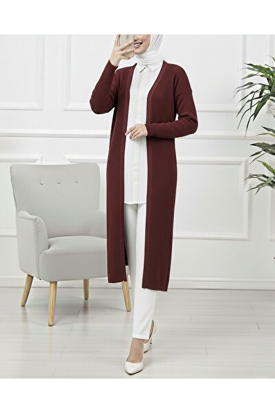 Modamorfo Ribbed Long Knit Cardigan with Side Slits - Burgundy