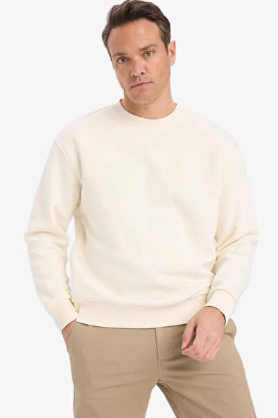 DeFacto Relax Fit Crew Neck Thick Inside Soft Fleece Ecru Men's Sweatshirt T5139Az/Er140