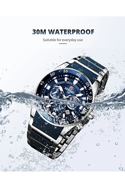 Reward Men’s Blue Chronograph Watch with Stainless Steel Band, Date Display, and Water Resistance