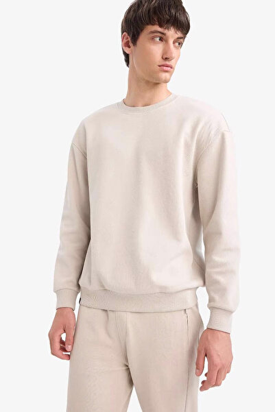 DeFacto Boxy Fit Crew Neck Basic Plain Pique Stone Men's Sweatshirt E1519Ax/Bg766