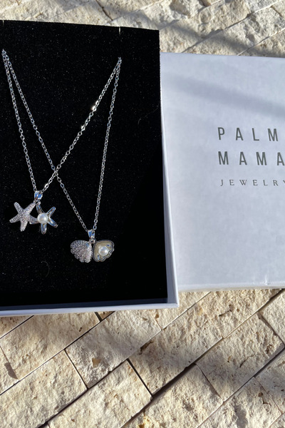 PALM MAMA JEWELRY Kadın Gümüş Renk Zirkon Taşlı Deniz Yıldızı Açılan Minimal Incili Kutulu Çelik Kolye