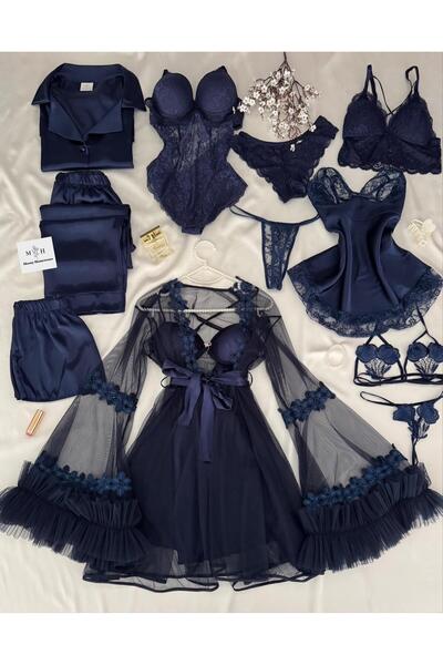 MH Moony Homewears Lüx Kutulu Lamborfi 12 Parça Lacivert Saten Gecelik Tül Sabahlık Pijama Iç Giyim Çeyiz Seti