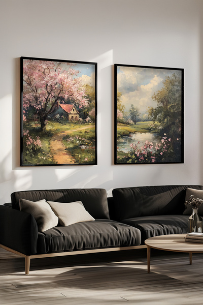 STARYUNA Black Wooden Framed Oil Painting Effect Tree and Lake View Double Painting Set Yuna428