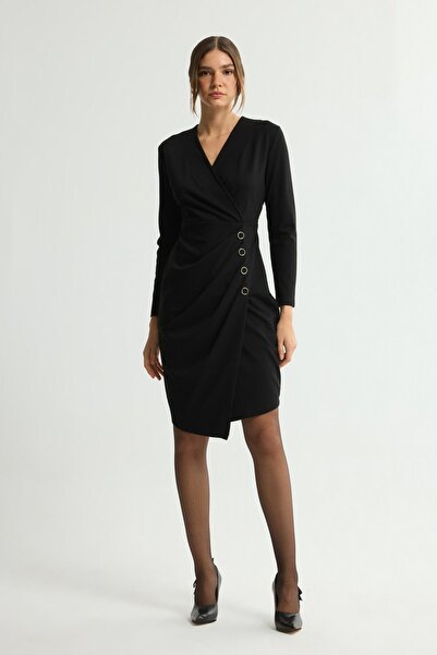 Love My Body V Yaka Drapeli Önü Düğmeli Elbise