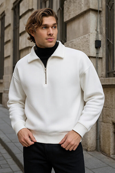 COMBİNE MİCHAİL Мъжка бяла суитшърт с цип и голям размер