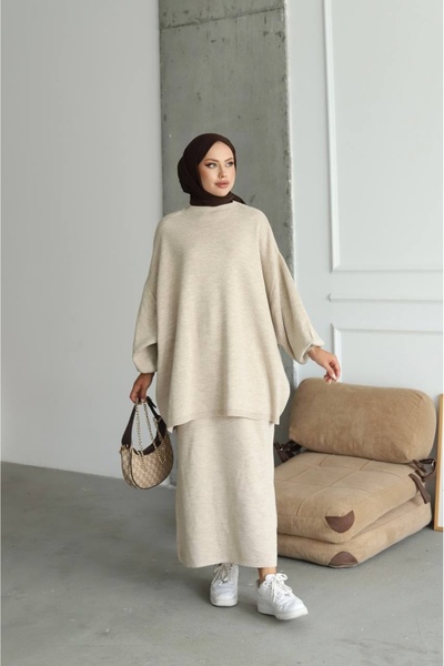 Buklemoda Tunic and Skirt Two-Piece Knitwear Set Cream