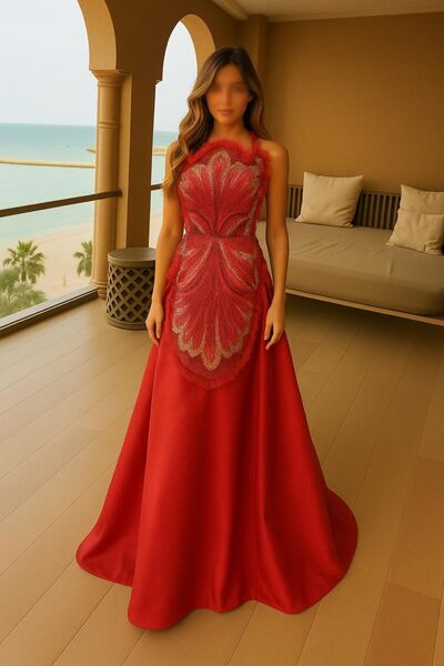 4YOU Red dress with elegant evening cut and elegant gold details