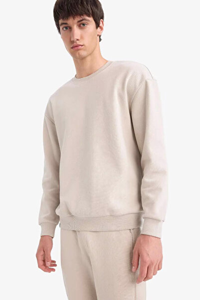DeFacto Boxy Fit Crew Neck Basic Plain Pique Stone Men's Sweatshirt E1519Ax/Bg766