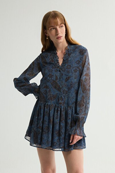 Love My Body Uzun Kollu Desenli Mini Elbise