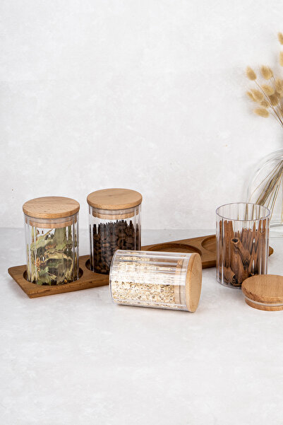 DNS HOME 4-Piece Storage Container Set with Wooden Stand Set Wooden Vacuum Lid Storage Container 450 ml