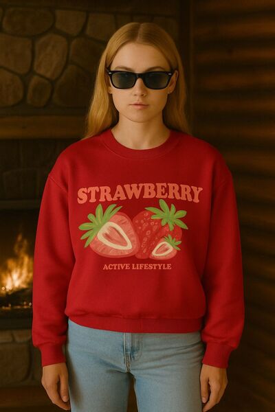 BENROMA Hanorac unisex cu 3 fire din bumbac pieptănat cu imprimeu de căpșuni