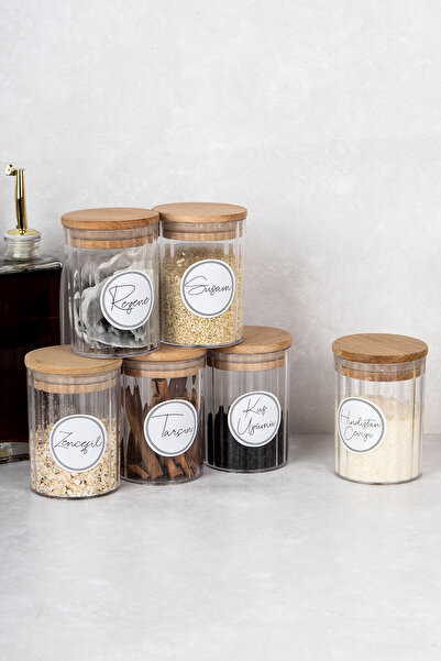 DNS HOME 6 Pieces Modern Spice Jar Set Acrylic Spice Jar with Wooden Vacuum Lid and Label Gift 450 ml