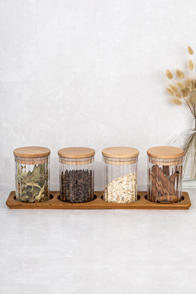 DNS HOME 4-Piece Storage Container Set with Wooden Stand Set Wooden Vacuum Lid Storage Container 450 ml