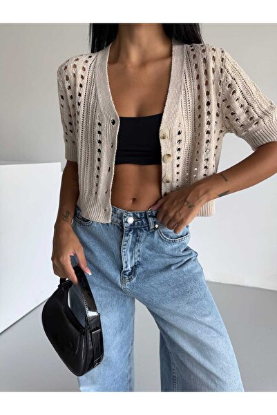 EKİN DEMİR Openwork Pattern Short Sleeve Buttoned 100% Cotton Crop Knitwear Cardigan