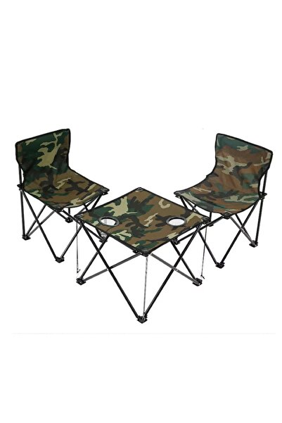 EMATTERIO Camping Table and Two Folding Chairs Set, Army Model, Carrying Bag Included, 50x70 cm