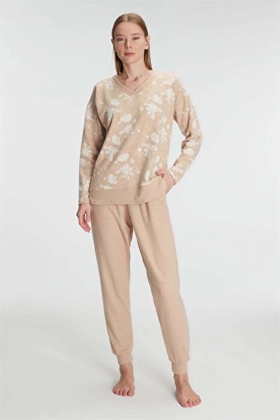 Anıl Σετ πιτζάμες με μακρύ μανίκι Jacquard με λαιμόκοψη σε σχήμα V