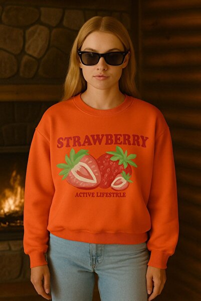 E-ROMA Hanorac unisex cu 3 fire din bumbac pieptănat cu imprimeu de căpșuni