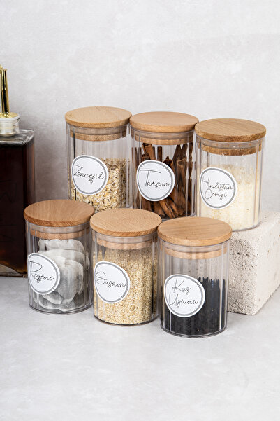 DNS HOME 6 Pieces Modern Spice Jar Set Acrylic Spice Jar with Wooden Vacuum Lid and Label Gift 450 ml