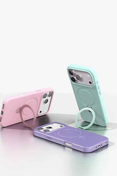 m.tk moveteck iPhone 17 Pro Max Kılıf Magsafe Halkalı Extra Standlı içi Kadife Yumuşak Renkli Süet Silikon Kapak