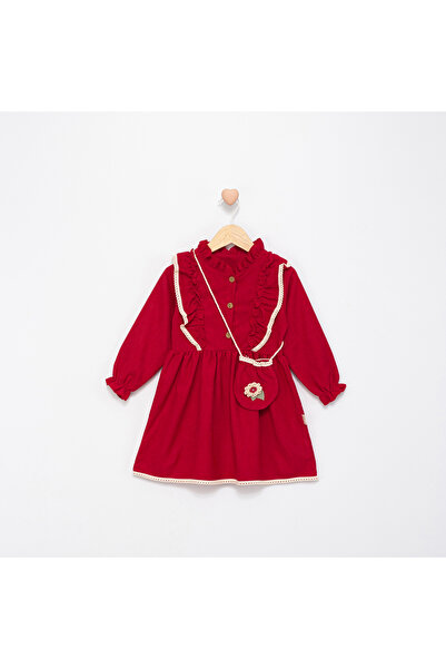 Nehirim Kids Girl's Red Seasonal Salopet Dress with Bag and Lace Long Sleeves (2-3-4-5 Years Old)