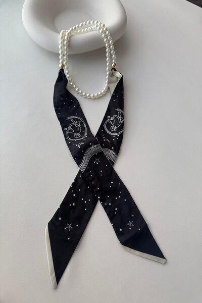 mos&more Long Black Necklace Scarf with Pearls