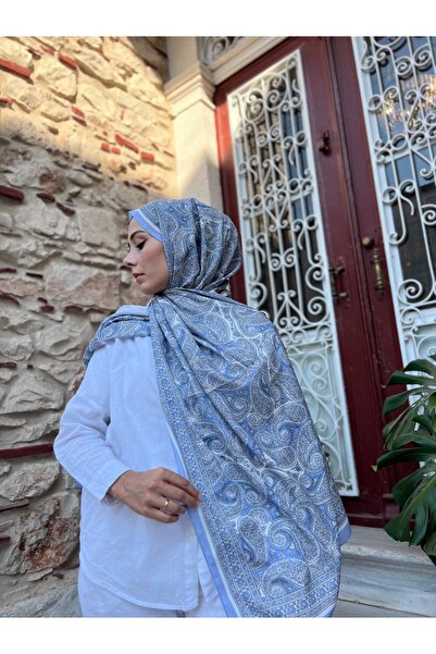 LAVINSE SCARF شال قطني ناعم منقوش باللون الأزرق