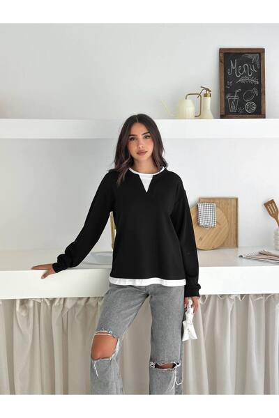 gozdefashion Women's Basic V-Neck Detailed Sweatshirt