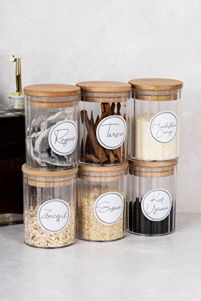 DNS HOME 6 Pieces Modern Spice Jar Set Acrylic Spice Jar with Wooden Vacuum Lid and Label Gift 450 ml