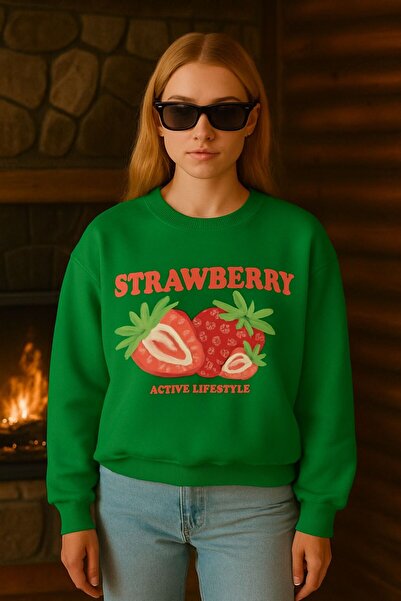 E-ROMA Hanorac unisex cu 3 fire din bumbac pieptănat cu imprimeu de căpșuni