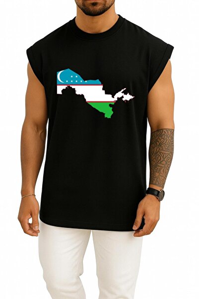 Bahriyeli Collection Oversize Flag of Uzbekistan Uzbekistan Map Chest Design Tank Top