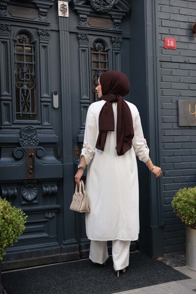 N.S NEVA STYLE Ασύμμετρο Λεπτομερές Εκρού Τζιλιντζάρι Σετ Δύο Τεμαχίων 7656E