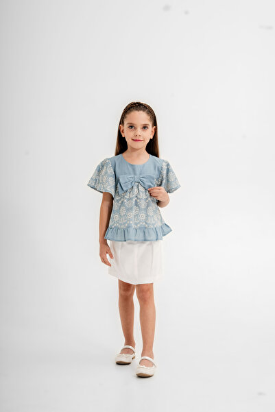 Gocoland Girl's 2-Piece Set, Embroidered Blouse and Belted Gabardine Skirt