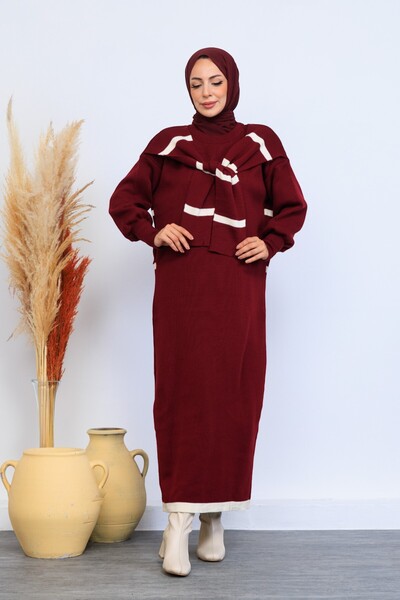 Eliva Women's Burgundy and White Striped Scarf Detailed Winter Knitwear Hijab Dress