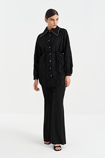 Nihan Yakası Taşlı Pantolon Tunik Takım Siyah