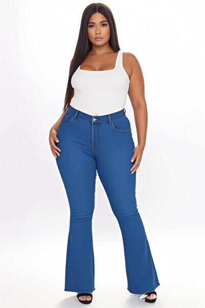Şans Women's Plus Size Blue, Extra High Waist, Spanish Crap Stitching Leg, 5 Pocket Jeans 65N38742
