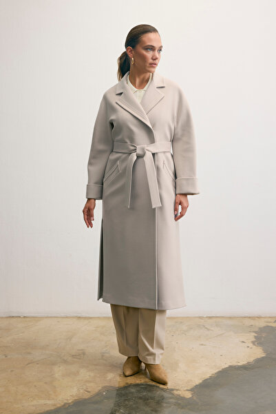 KENT Belted Double-Breasted Long Stone-Colored Coat