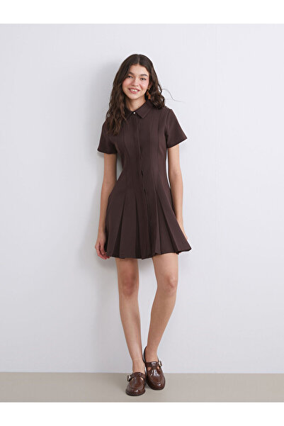 LC Waikiki Kahverengi Gömlek Yaka Pileli Mini Elbise