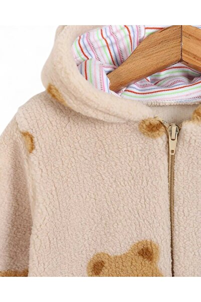 voyyo kids baby 6-9 Months Old Teddy Bears Printed Zippered Winter Welsoft Plush Hooded Jumpsuit, Closed Feet