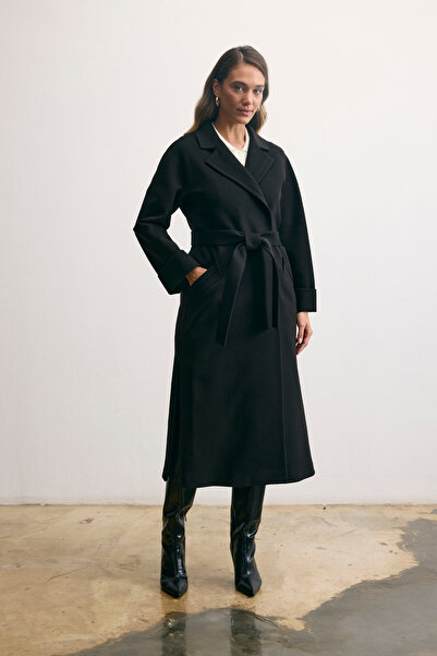 KENT Belted Double Breasted Long Black Coat