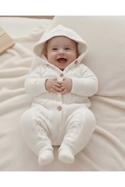 Ege Bebek Winter Knitwear Baby Romper, Welsoft Inside, Buttoned, Hooded, Thick Plush Romper for 3-6-9-12 Months