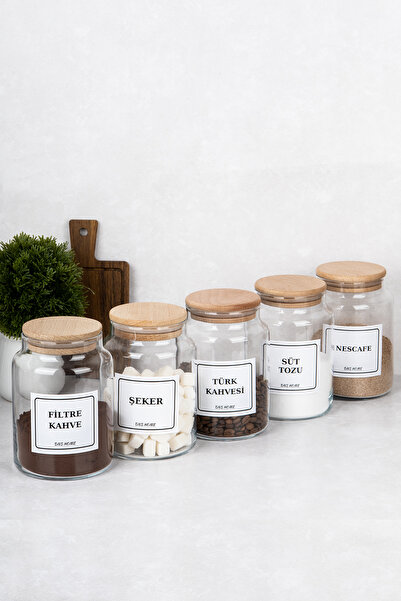 DNS HOME 5'li Kahve Seti Vakum Kapaklı Etiket Hediyeli Saklama Kavanozu Kahve Köşesi Saklama Kabı 800 ml