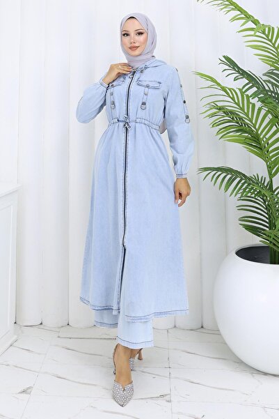 Modamihram Hooded Waist-Tied Denim Set Ice Blue 19235