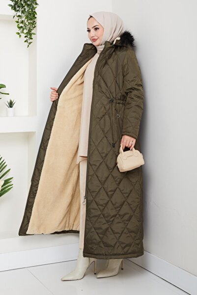 Hb Harma Time Butik Women's Long Fur Lined Hooded Khaki Quilted Coat